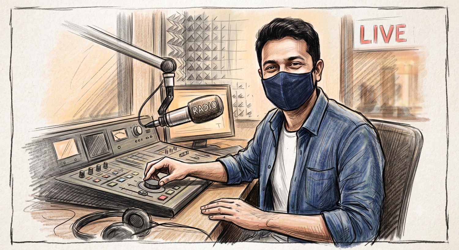 रेडियो स्टूडियो में माइक्रोफ़ोन के सामने बैठे आरजे धीर का चित्र